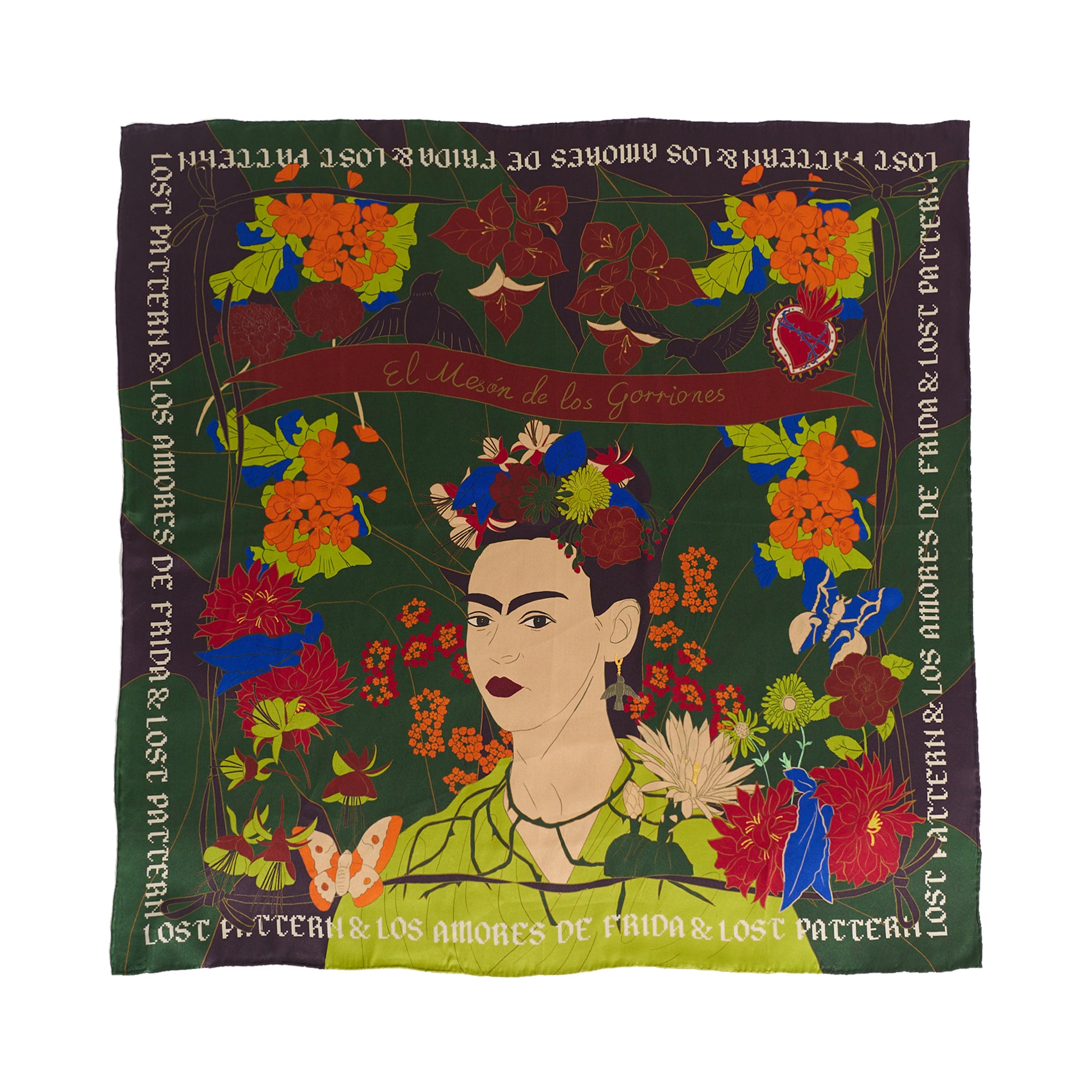FRIDA x LOST PATTERN "Los Amores de Frida" Large Silk Scarf - Dark Green - Dark Green - LOST PATTERN Silk Square Scarf